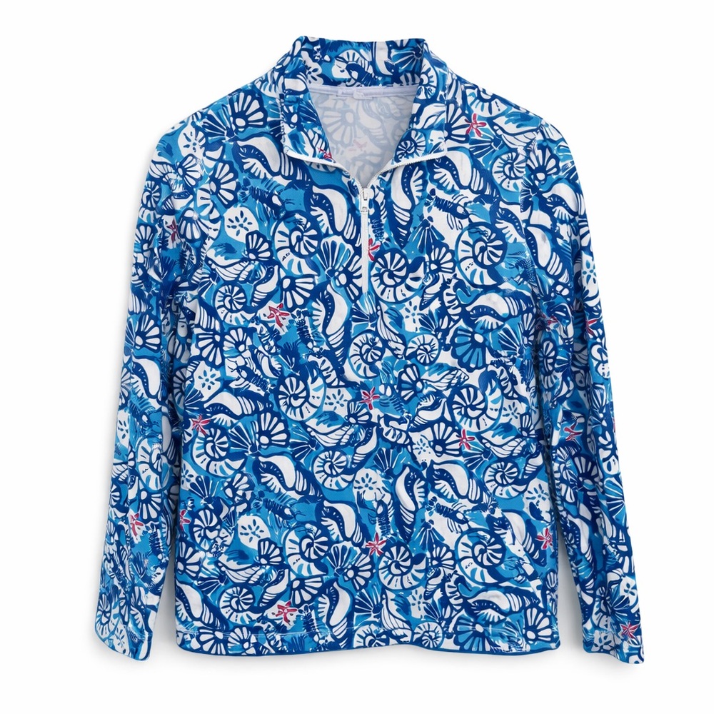 Talbots Women's Blue Seashell Print 1/4 Zip Pullover, sz Small Petite